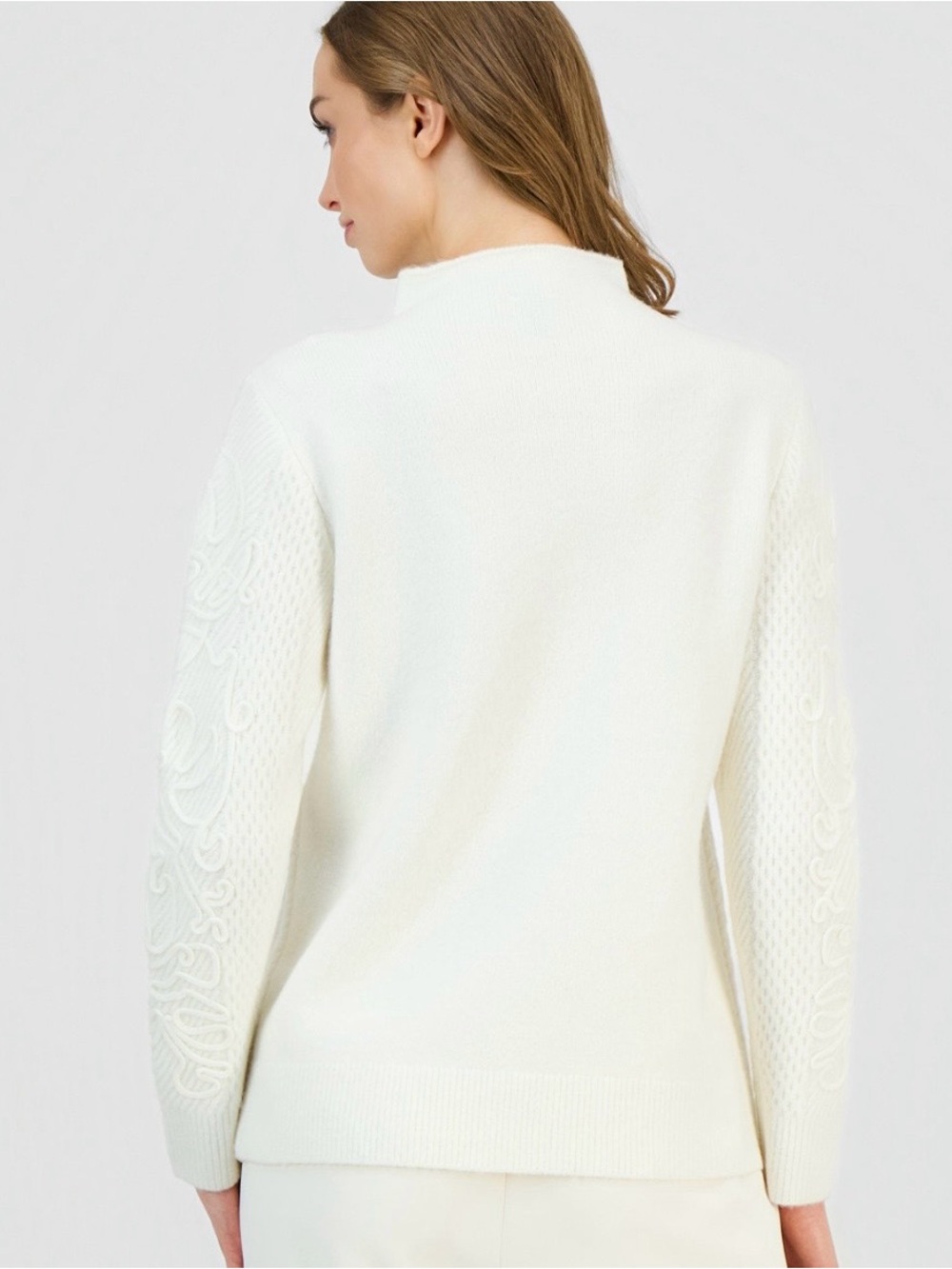 Elegant Cream Turtleneck Sweater with Cable-Detail Sleeves